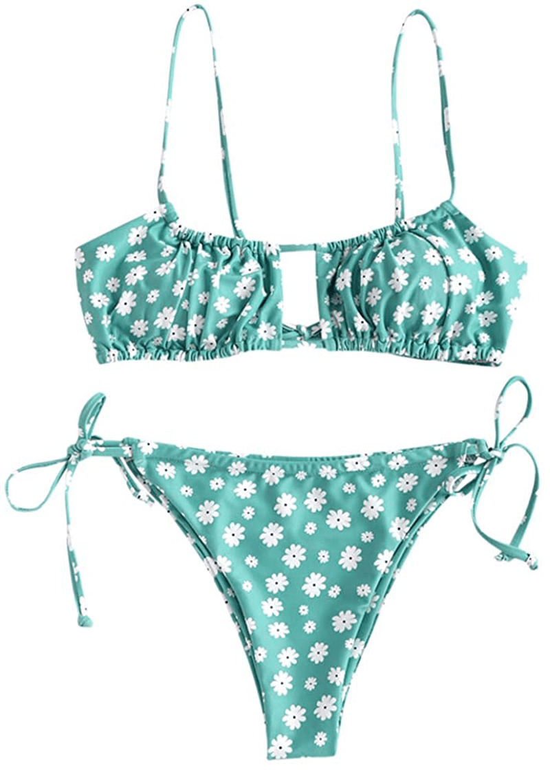 ZAFUL Women's Spaghetti Strap Cutout Keyhole Ruched Tie Cami Bikini Set Swimsuit Apparel & Accessories > Clothing > Swimwear ZAFUL Y-light Green Small