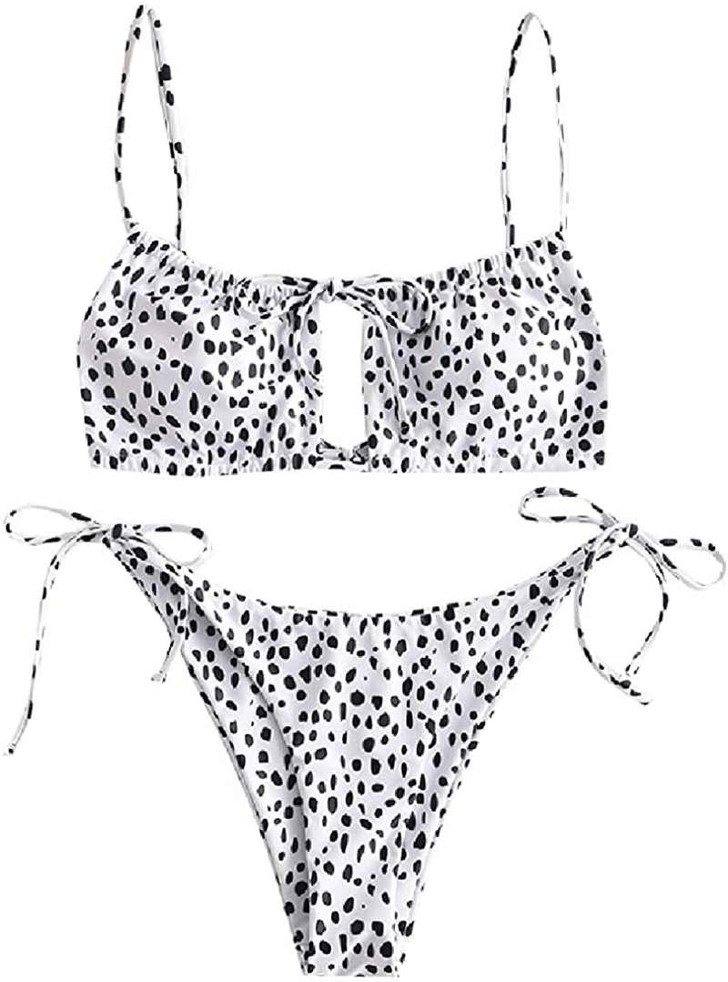 ZAFUL Women's Spaghetti Strap Cutout Keyhole Ruched Tie Cami Bikini Set Swimsuit Apparel & Accessories > Clothing > Swimwear ZAFUL O-white Medium