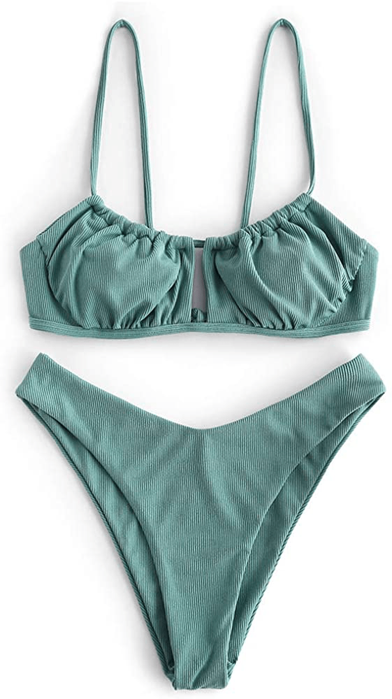 ZAFUL Women's Spaghetti Strap Cutout Keyhole Ruched Tie Cami Bikini Set Swimsuit Apparel & Accessories > Clothing > Swimwear ZAFUL W-green Medium