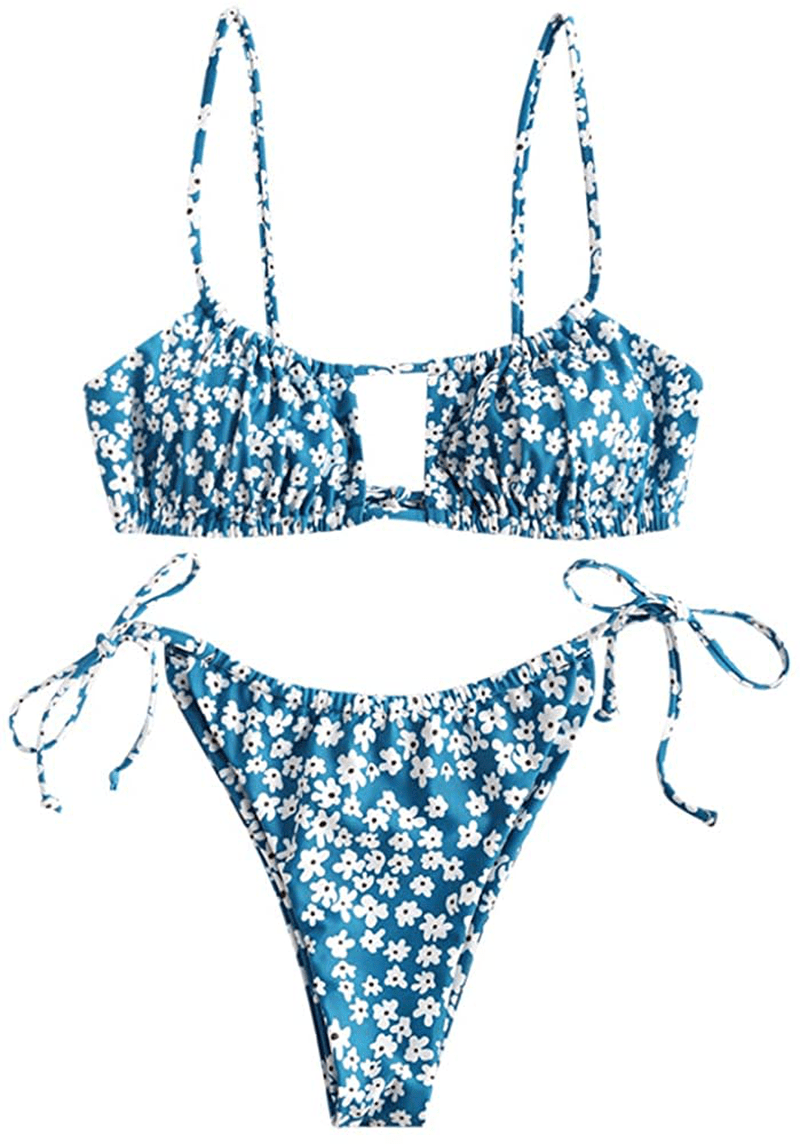 ZAFUL Women's Spaghetti Strap Cutout Keyhole Ruched Tie Cami Bikini Set Swimsuit Apparel & Accessories > Clothing > Swimwear ZAFUL Y-peacock Blue Small