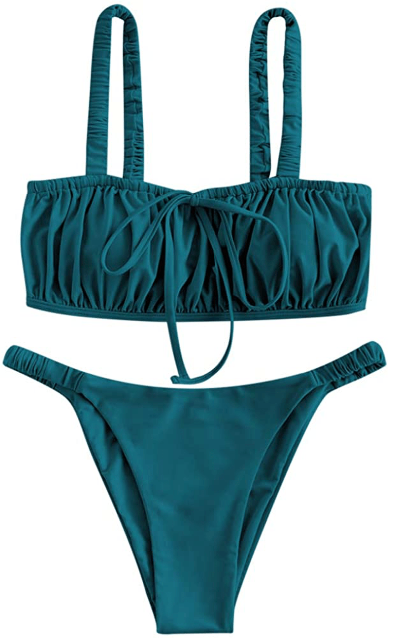 ZAFUL Women's Spaghetti Strap Cutout Keyhole Ruched Tie Cami Bikini Set Swimsuit Apparel & Accessories > Clothing > Swimwear ZAFUL Peacock Blue Medium