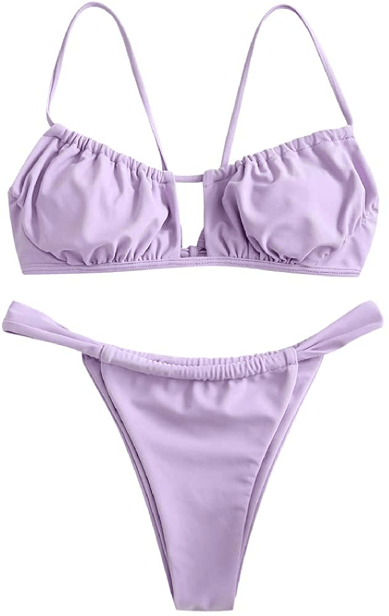 ZAFUL Women's Spaghetti Strap Cutout Keyhole Ruched Tie Cami Bikini Set Swimsuit Apparel & Accessories > Clothing > Swimwear ZAFUL A-lavender Blue Large