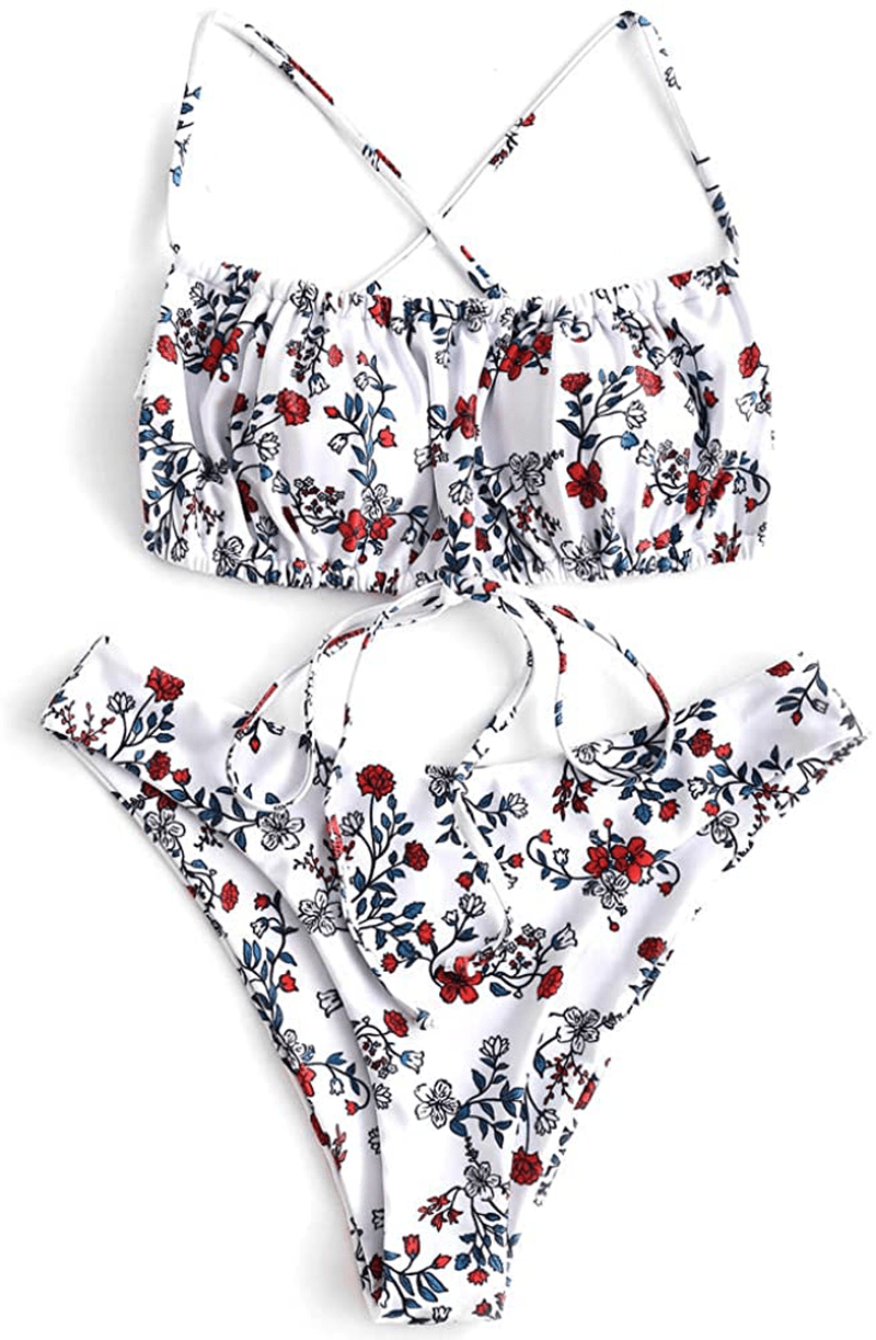 ZAFUL Women's Spaghetti Strap Cutout Keyhole Ruched Tie Cami Bikini Set Swimsuit Apparel & Accessories > Clothing > Swimwear ZAFUL L-white Small