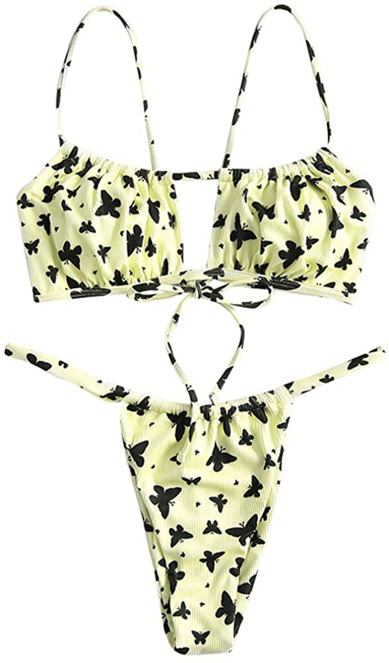 ZAFUL Women's Spaghetti Strap Cutout Keyhole Ruched Tie Cami Bikini Set Swimsuit Apparel & Accessories > Clothing > Swimwear ZAFUL V-yellow Small