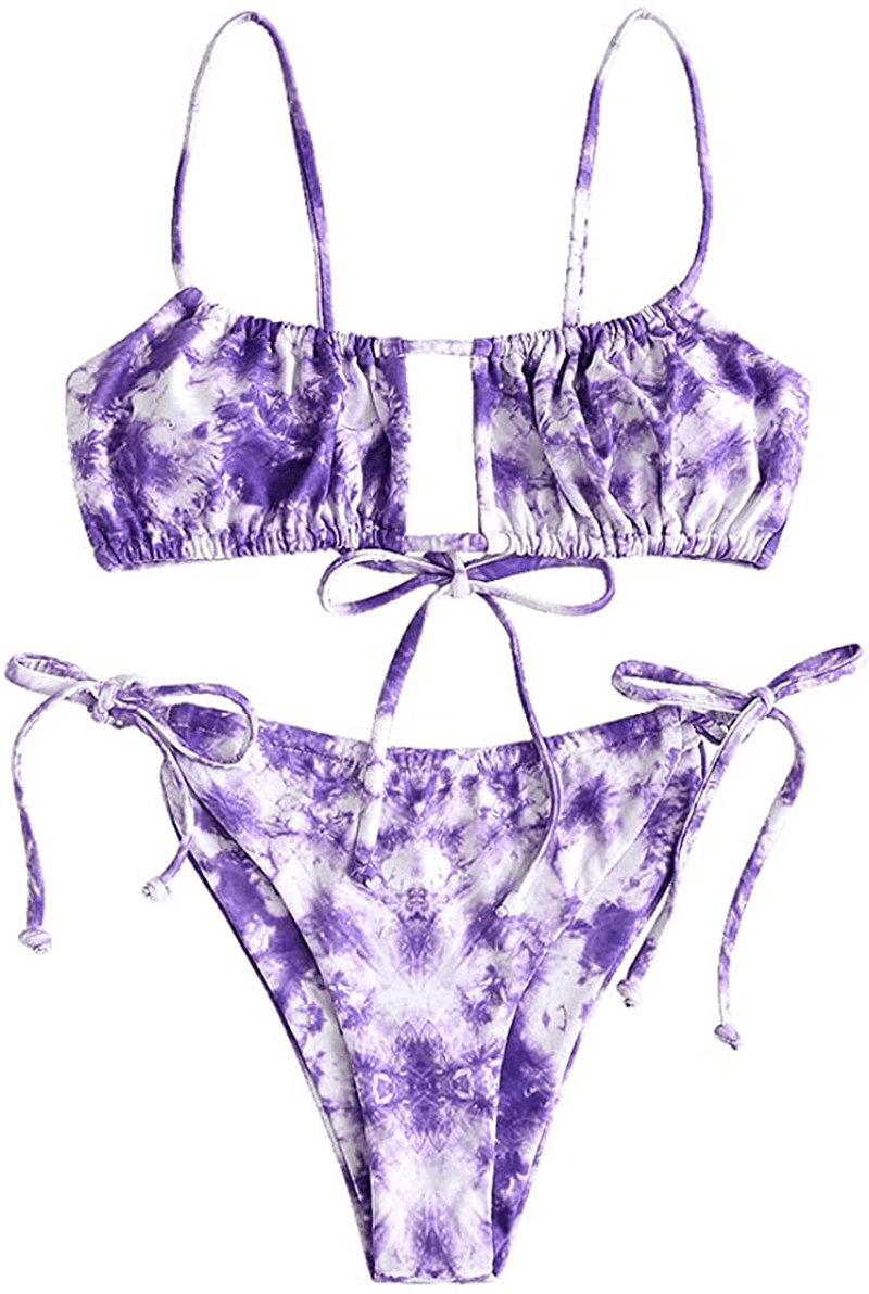ZAFUL Women's Spaghetti Strap Cutout Keyhole Ruched Tie Cami Bikini Set Swimsuit Apparel & Accessories > Clothing > Swimwear ZAFUL H-light Purple Large