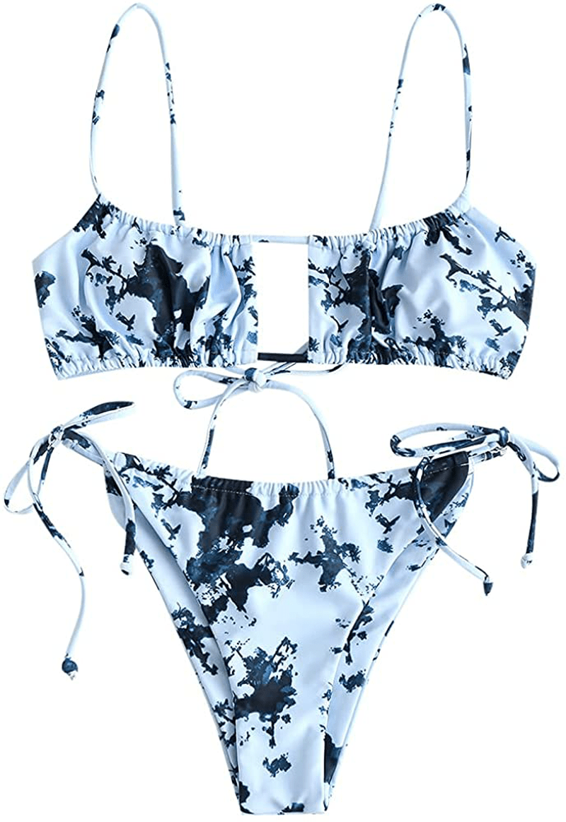ZAFUL Women's Spaghetti Strap Cutout Keyhole Ruched Tie Cami Bikini Set Swimsuit Apparel & Accessories > Clothing > Swimwear ZAFUL H-light Blue Medium