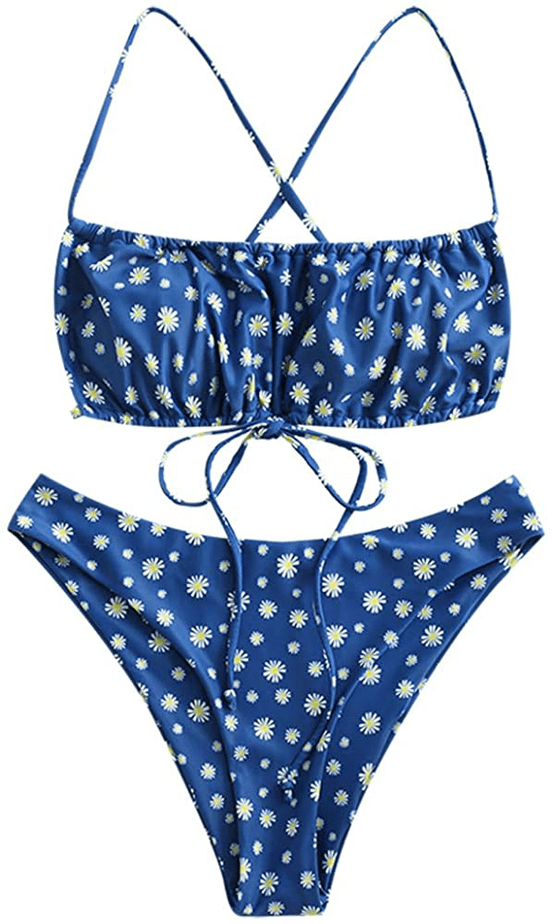 ZAFUL Women's Spaghetti Strap Cutout Keyhole Ruched Tie Cami Bikini Set Swimsuit Apparel & Accessories > Clothing > Swimwear ZAFUL L-ocean Blue Small