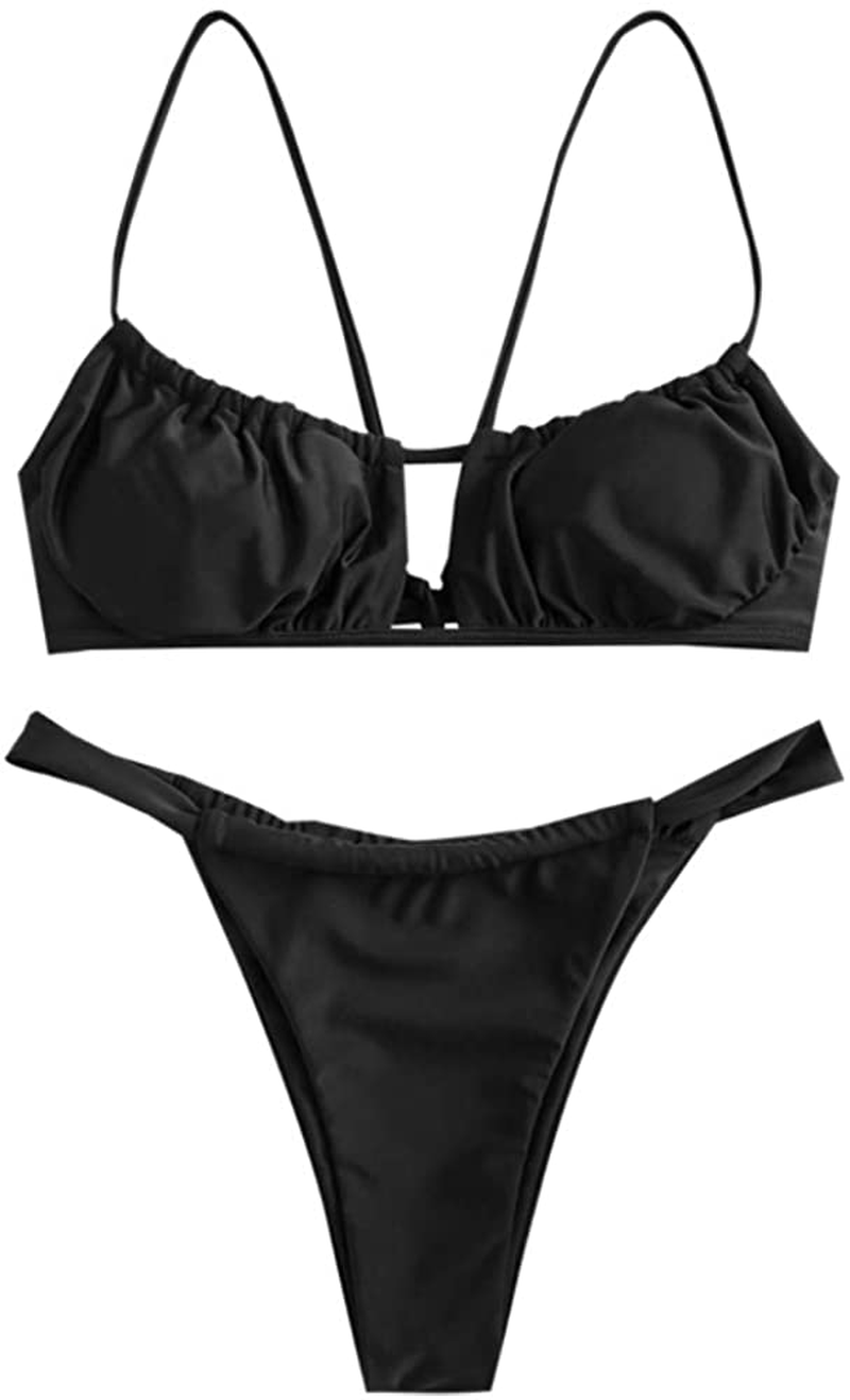 ZAFUL Women's Spaghetti Strap Cutout Keyhole Ruched Tie Cami Bikini Set Swimsuit Apparel & Accessories > Clothing > Swimwear ZAFUL A-black Small