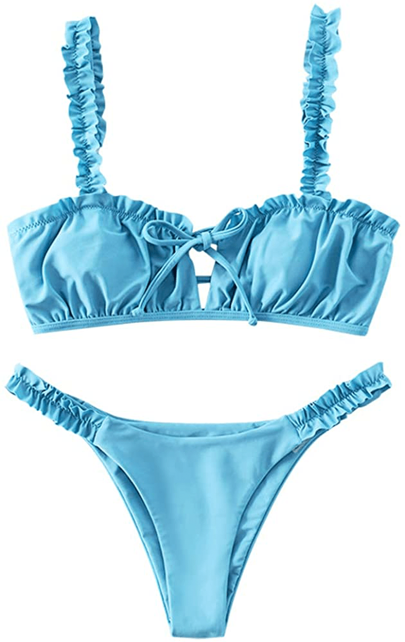 ZAFUL Women's Spaghetti Strap Cutout Keyhole Ruched Tie Cami Bikini Set Swimsuit Apparel & Accessories > Clothing > Swimwear ZAFUL D-blue Small