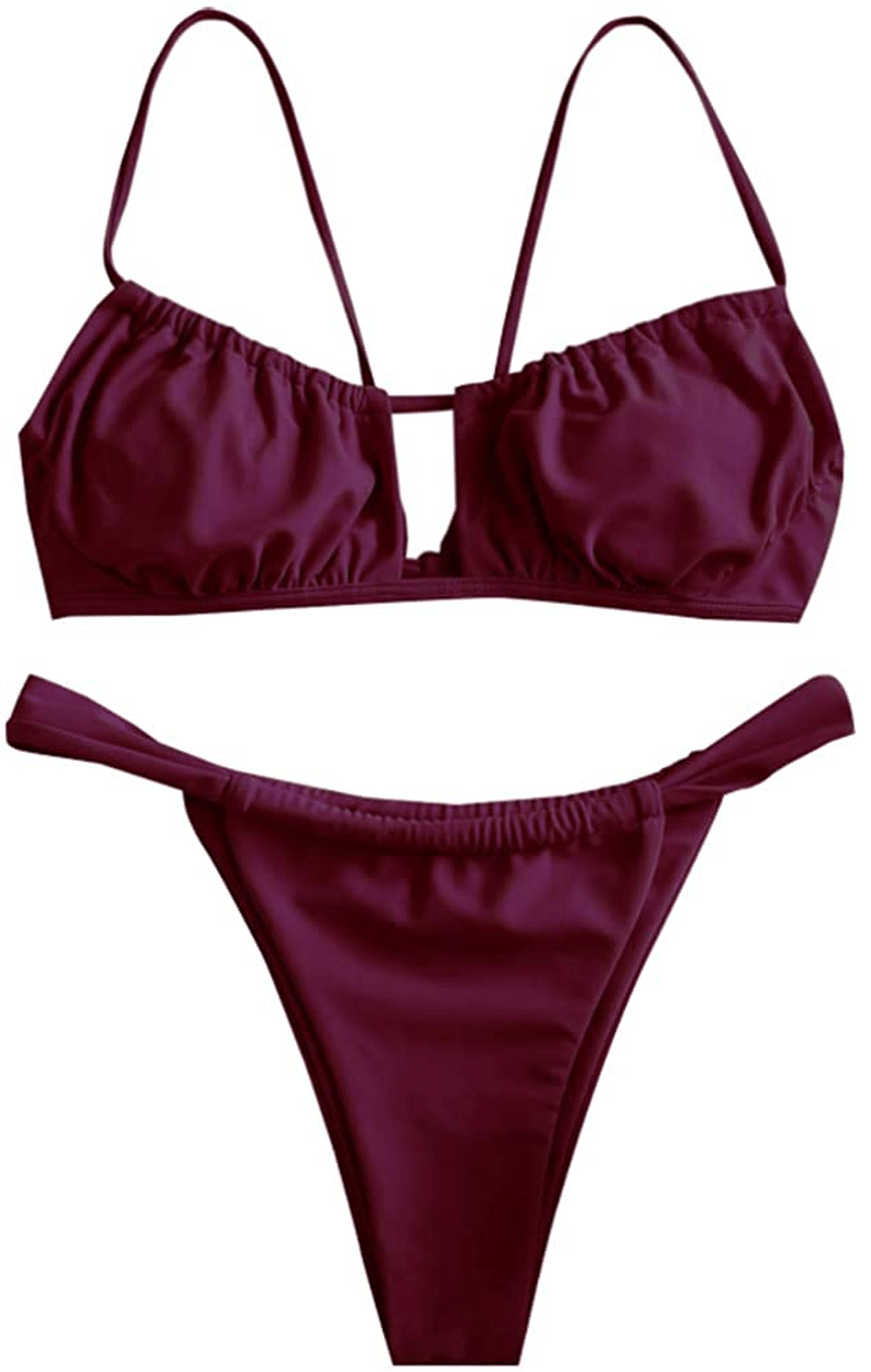 ZAFUL Women's Spaghetti Strap Cutout Keyhole Ruched Tie Cami Bikini Set Swimsuit Apparel & Accessories > Clothing > Swimwear ZAFUL A-plum Pie Small