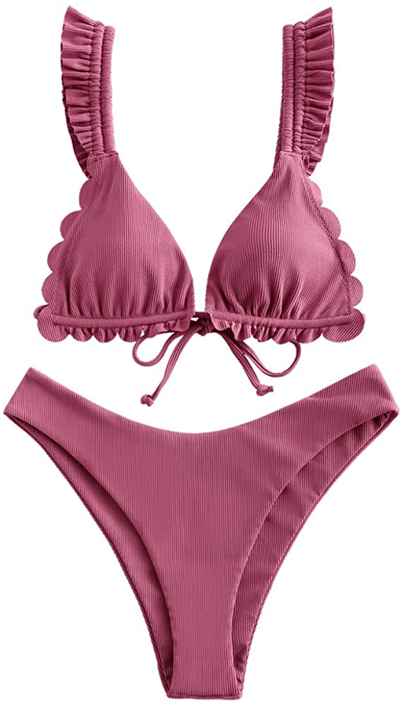 ZAFUL Women's Spaghetti Strap Tie Back Ruffle Triangle Bikini Set Swimsuit Apparel & Accessories > Clothing > Swimwear ZAFUL C-violet Red Small