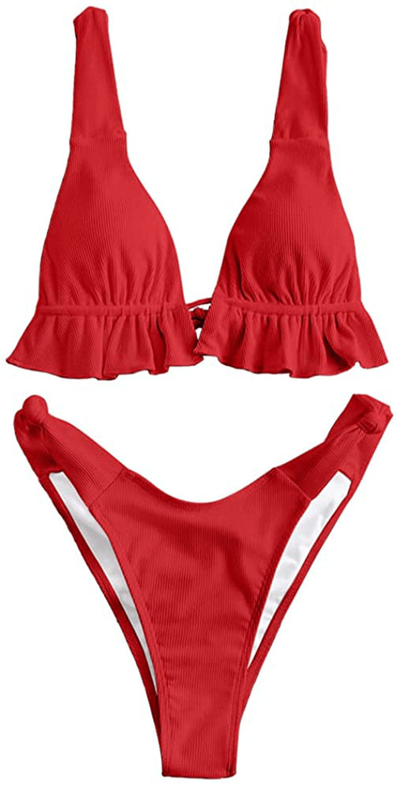 ZAFUL Women's Spaghetti Strap Tie Back Ruffle Triangle Bikini Set Swimsuit Apparel & Accessories > Clothing > Swimwear ZAFUL F-red Small