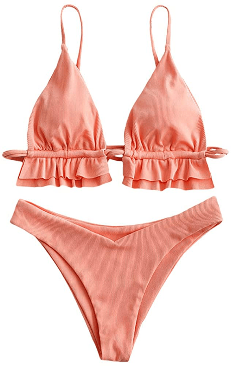 ZAFUL Women's Spaghetti Strap Tie Back Ruffle Triangle Bikini Set Swimsuit Apparel & Accessories > Clothing > Swimwear ZAFUL B-light Salmon Medium