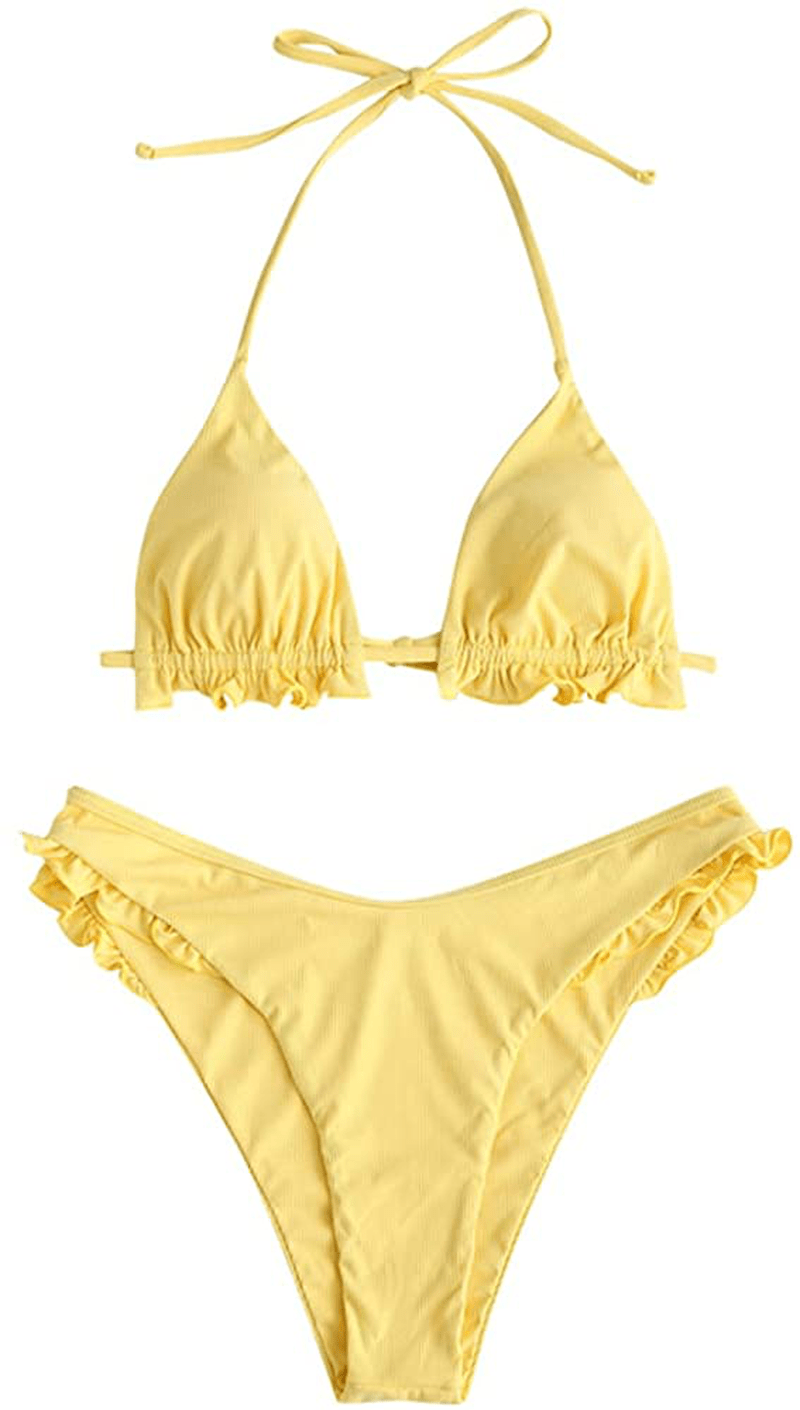 ZAFUL Women's Spaghetti Strap Tie Back Ruffle Triangle Bikini Set Swimsuit Apparel & Accessories > Clothing > Swimwear ZAFUL G-yellow Medium