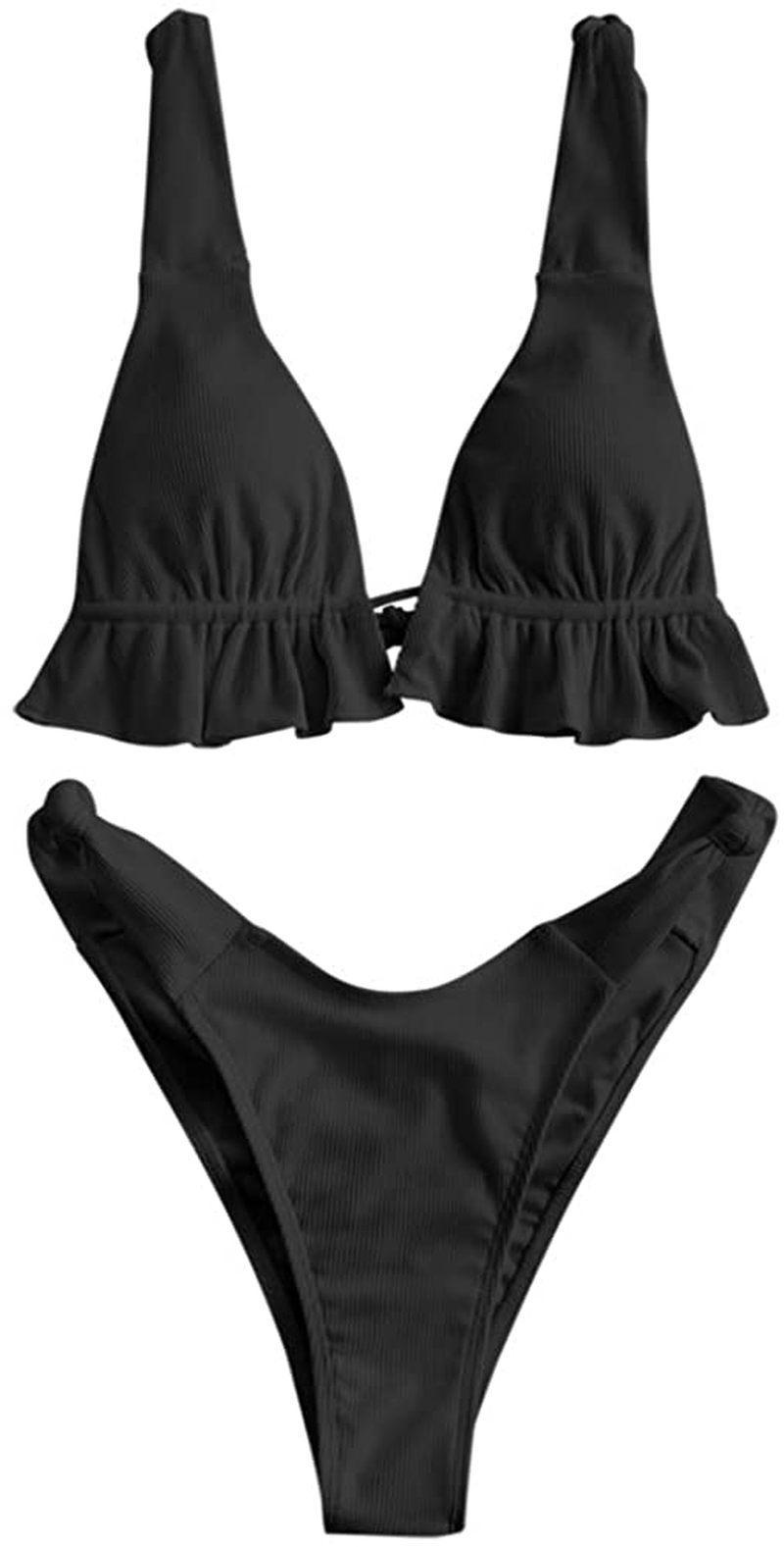 ZAFUL Women's Spaghetti Strap Tie Back Ruffle Triangle Bikini Set Swimsuit Apparel & Accessories > Clothing > Swimwear ZAFUL F-black Medium