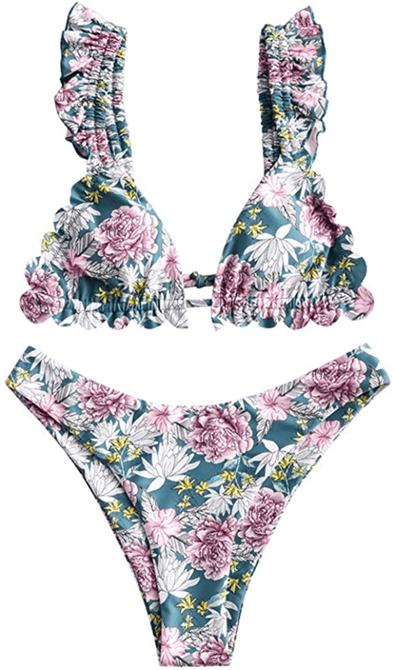 ZAFUL Women's Spaghetti Strap Tie Back Ruffle Triangle Bikini Set Swimsuit Apparel & Accessories > Clothing > Swimwear ZAFUL E-flower a Medium