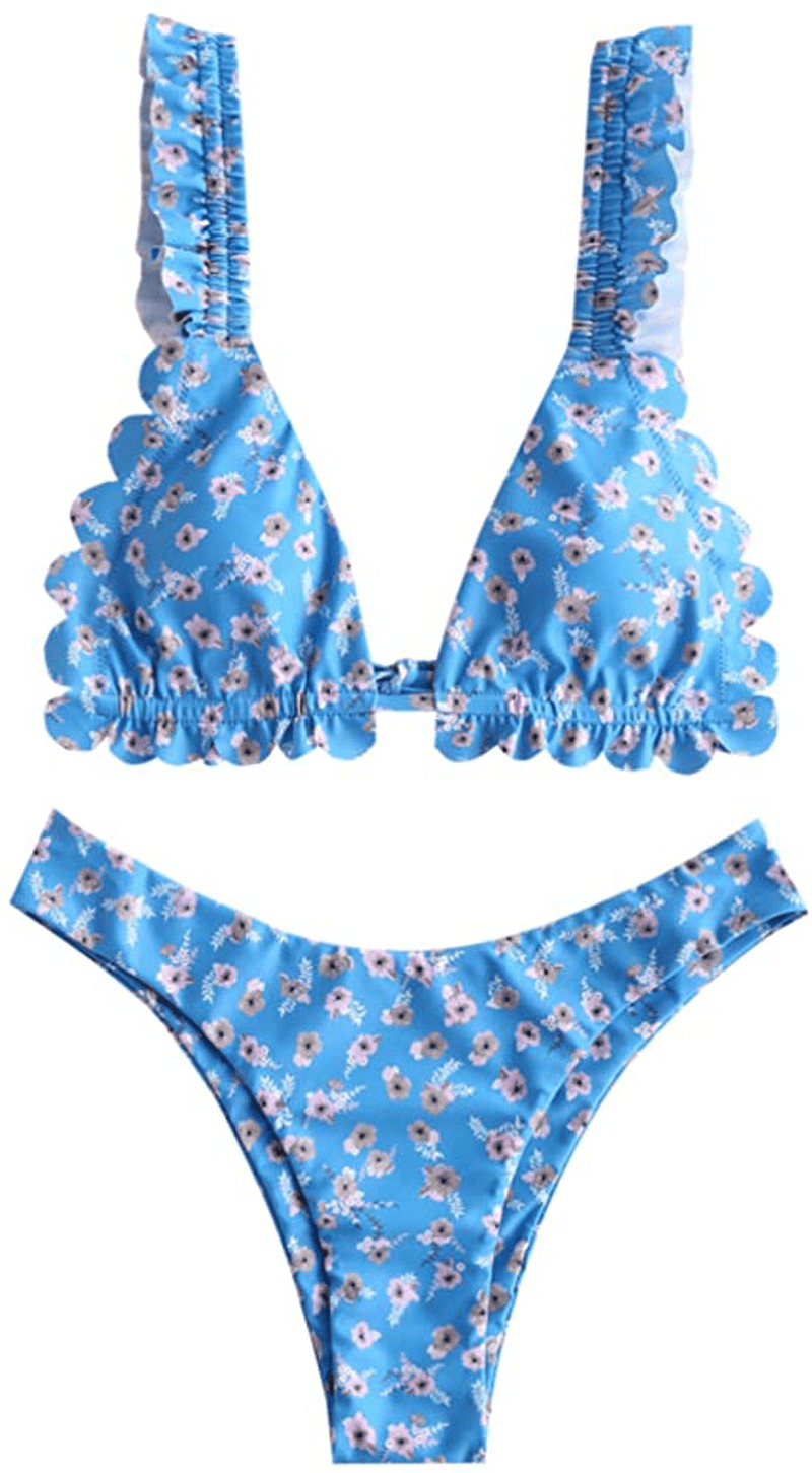 ZAFUL Women's Spaghetti Strap Tie Back Ruffle Triangle Bikini Set Swimsuit Apparel & Accessories > Clothing > Swimwear ZAFUL D-blue Medium
