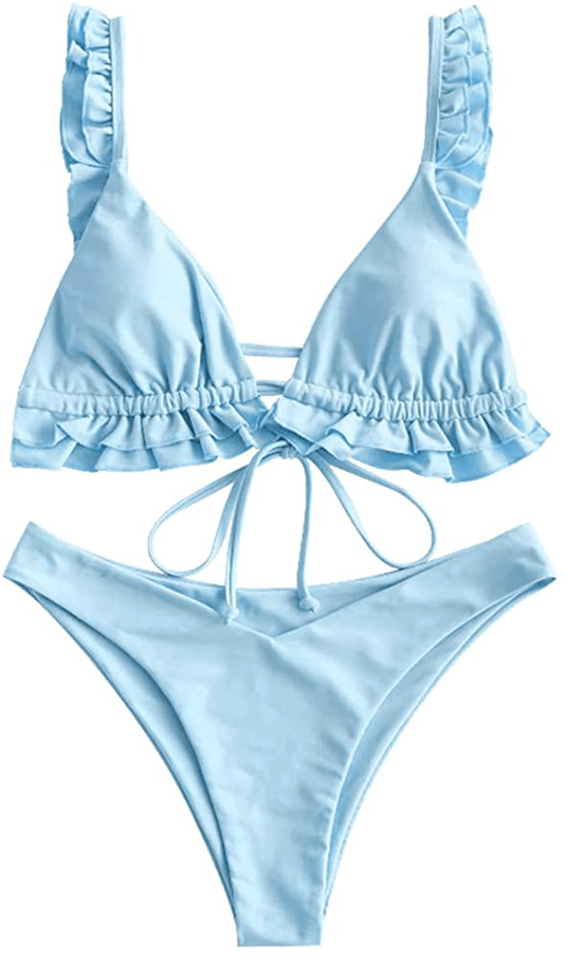 ZAFUL Women's Spaghetti Strap Tie Back Ruffle Triangle Bikini Set Swimsuit Apparel & Accessories > Clothing > Swimwear ZAFUL H-light Blue Large