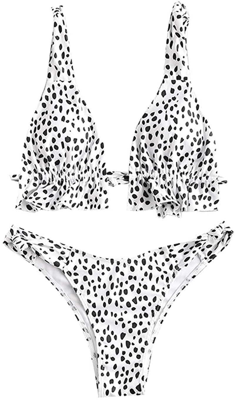 ZAFUL Women's Spaghetti Strap Tie Back Ruffle Triangle Bikini Set Swimsuit Apparel & Accessories > Clothing > Swimwear ZAFUL Dot-white Medium