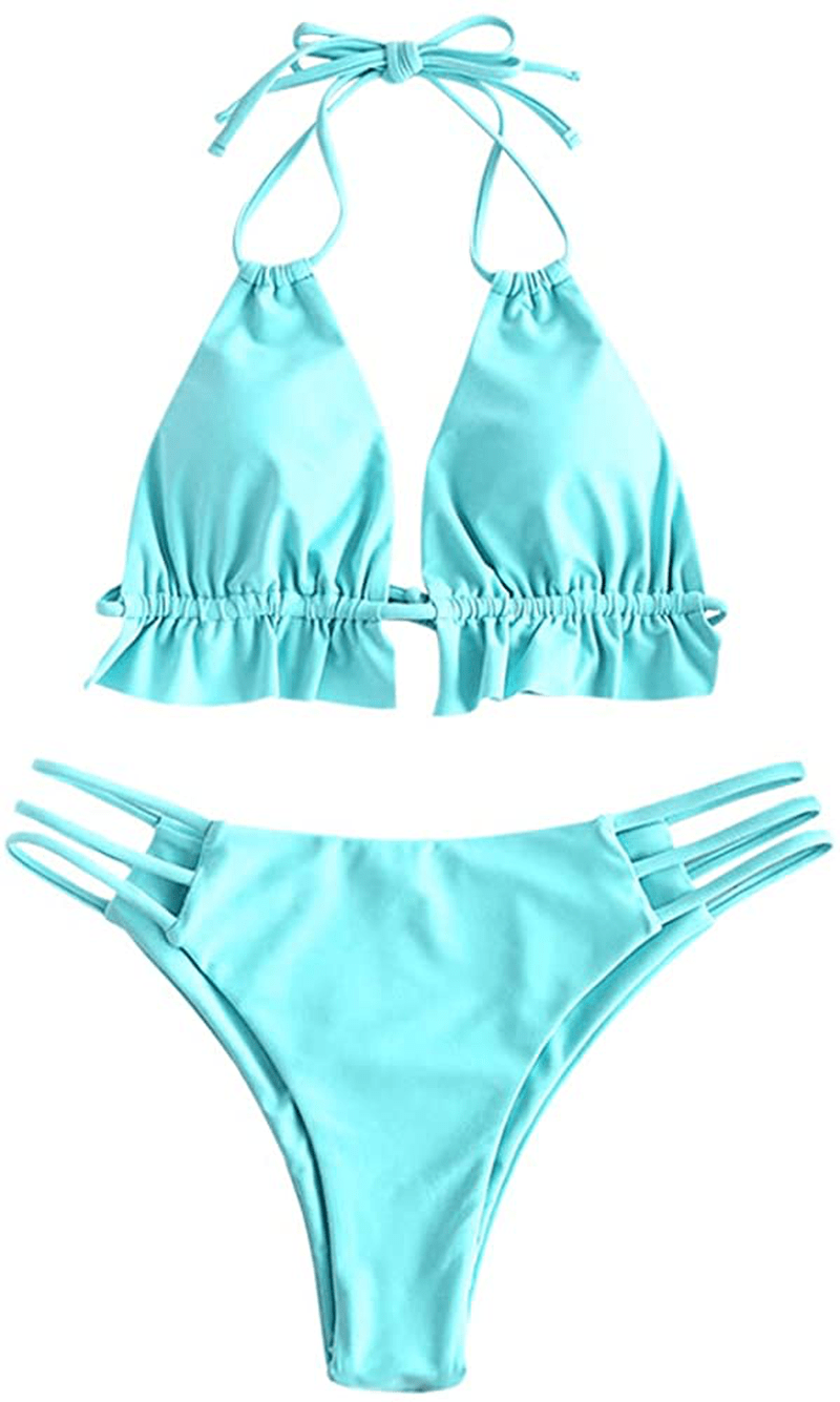 ZAFUL Women's Spaghetti Strap Tie Back Ruffle Triangle Bikini Set Swimsuit Apparel & Accessories > Clothing > Swimwear ZAFUL A-celeste Large