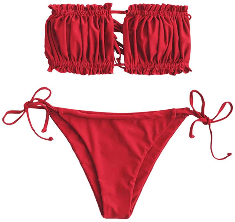ZAFUL Women's Strapless Ribbed Tie Back Ruffle Cutout Bandeau Bikini Set Swimsuit Apparel & Accessories > Clothing > Swimwear ZAFUL U-red Large