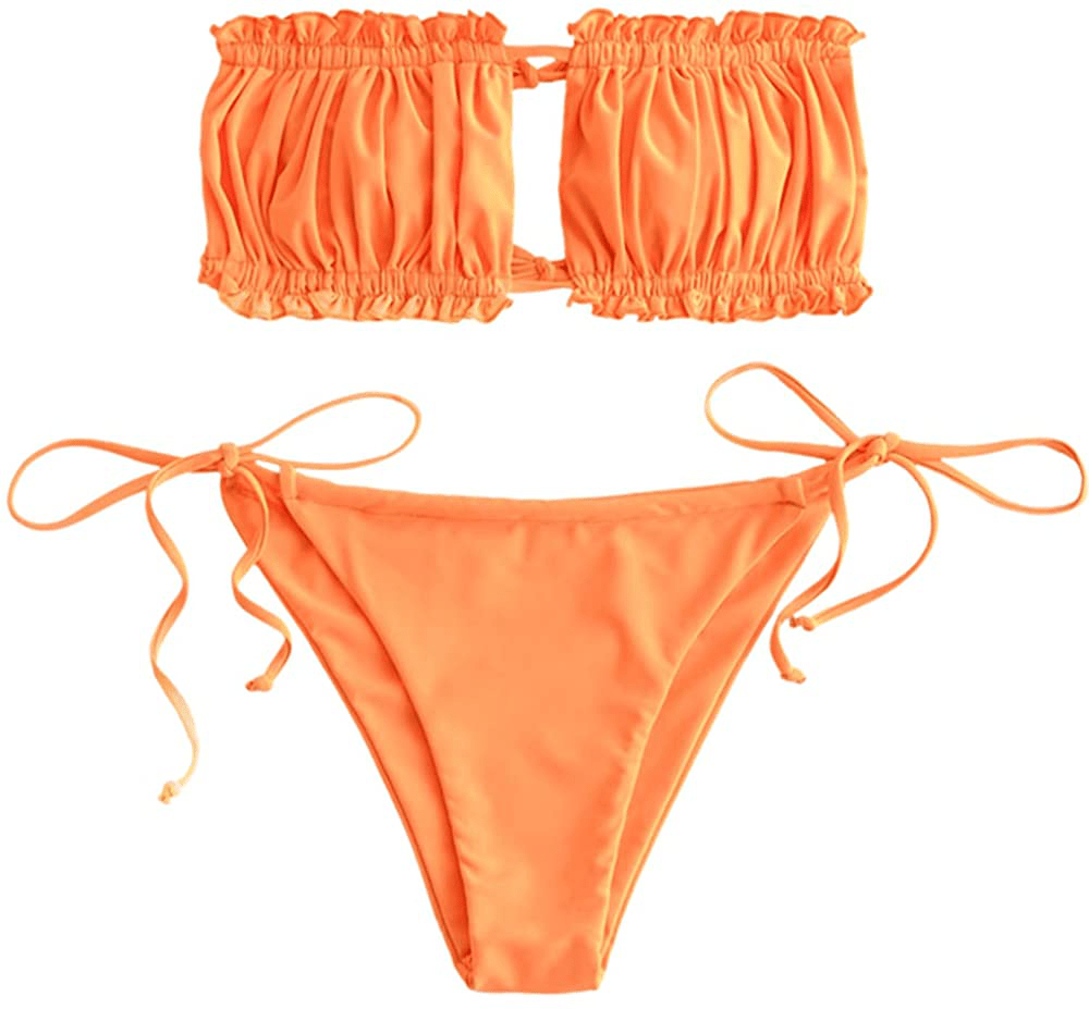 ZAFUL Women's Strapless Ribbed Tie Back Ruffle Cutout Bandeau Bikini Set Swimsuit Apparel & Accessories > Clothing > Swimwear ZAFUL U-orange Medium