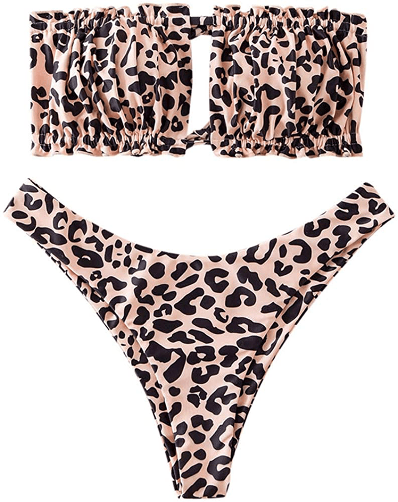 ZAFUL Women's Strapless Ribbed Tie Back Ruffle Cutout Bandeau Bikini Set Swimsuit Apparel & Accessories > Clothing > Swimwear ZAFUL T-leopard Medium
