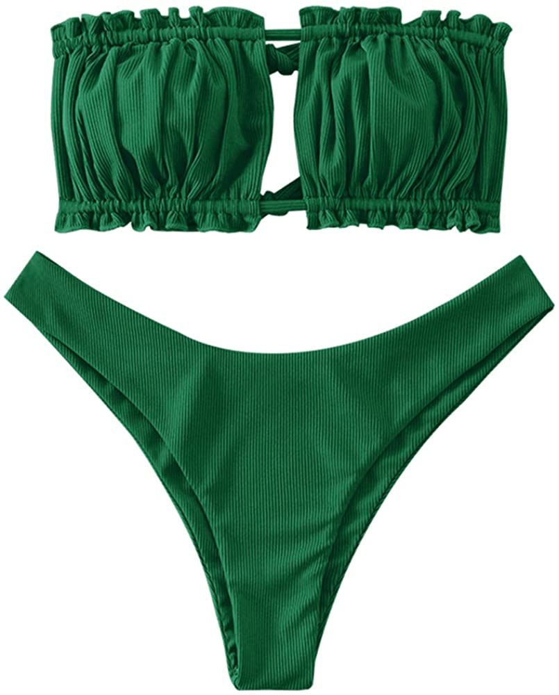 ZAFUL Women's Strapless Ribbed Tie Back Ruffle Cutout Bandeau Bikini Set Swimsuit Apparel & Accessories > Clothing > Swimwear ZAFUL Green Large