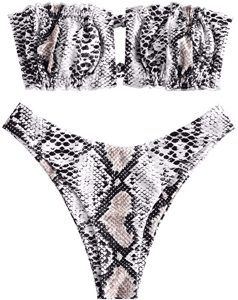 ZAFUL Women's Strapless Ribbed Tie Back Ruffle Cutout Bandeau Bikini Set Swimsuit Apparel & Accessories > Clothing > Swimwear ZAFUL T-snake Medium