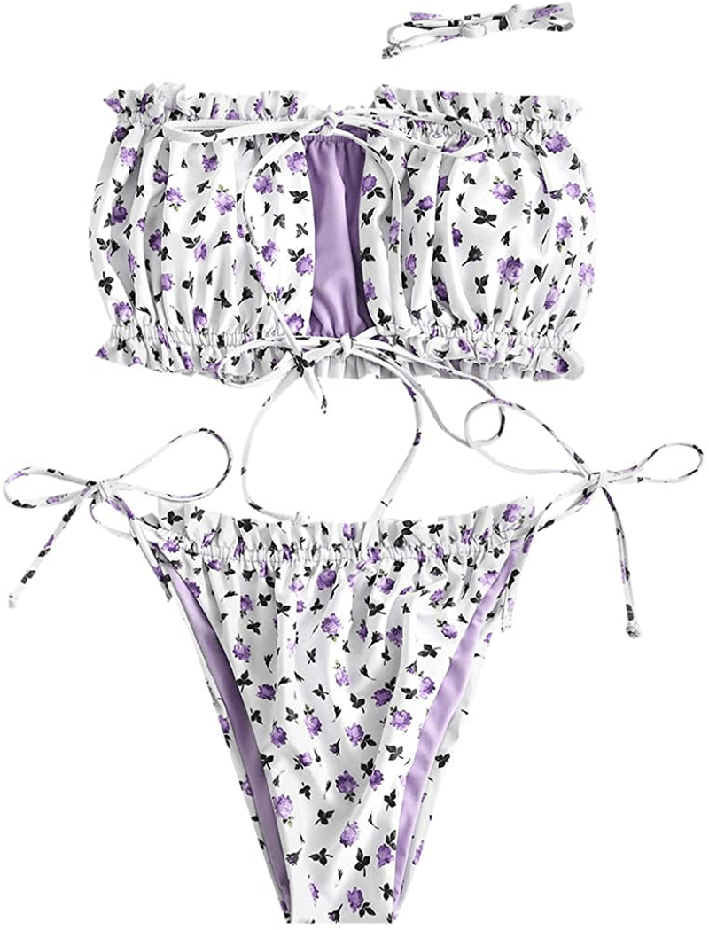 ZAFUL Women's Strapless Ribbed Tie Back Ruffle Cutout Bandeau Bikini Set Swimsuit Apparel & Accessories > Clothing > Swimwear ZAFUL X-mauve Medium