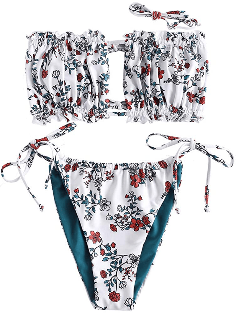 ZAFUL Women's Strapless Ribbed Tie Back Ruffle Cutout Bandeau Bikini Set Swimsuit Apparel & Accessories > Clothing > Swimwear ZAFUL W-white Small
