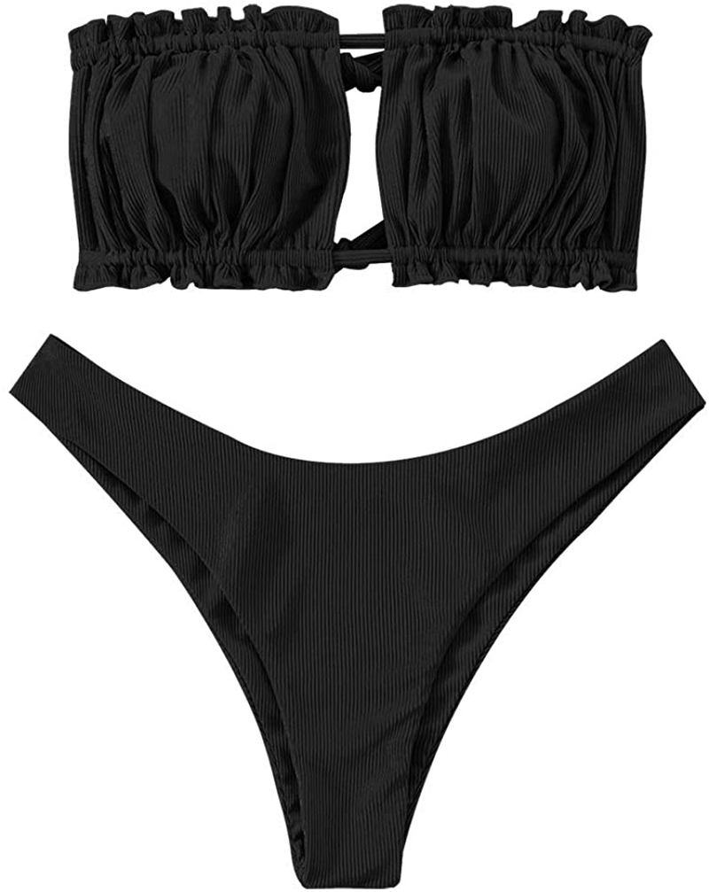 ZAFUL Women's Strapless Ribbed Tie Back Ruffle Cutout Bandeau Bikini Set Swimsuit Apparel & Accessories > Clothing > Swimwear ZAFUL Black Medium