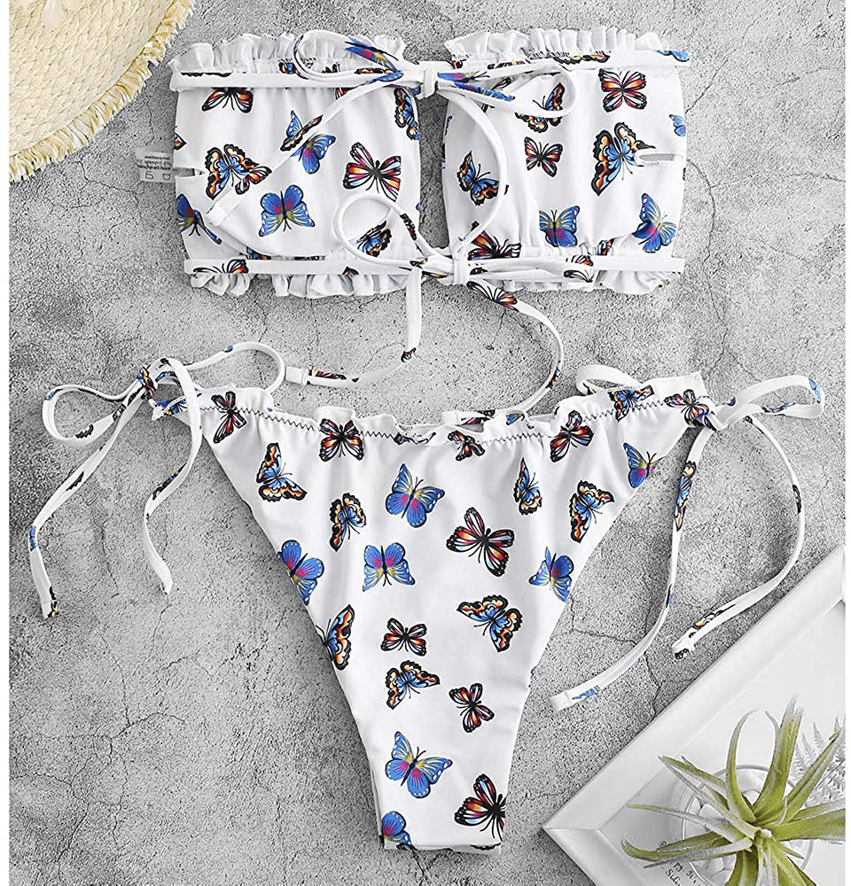 ZAFUL Women's Strapless Ribbed Tie Back Ruffle Cutout Bandeau Bikini Set Swimsuit Apparel & Accessories > Clothing > Swimwear ZAFUL