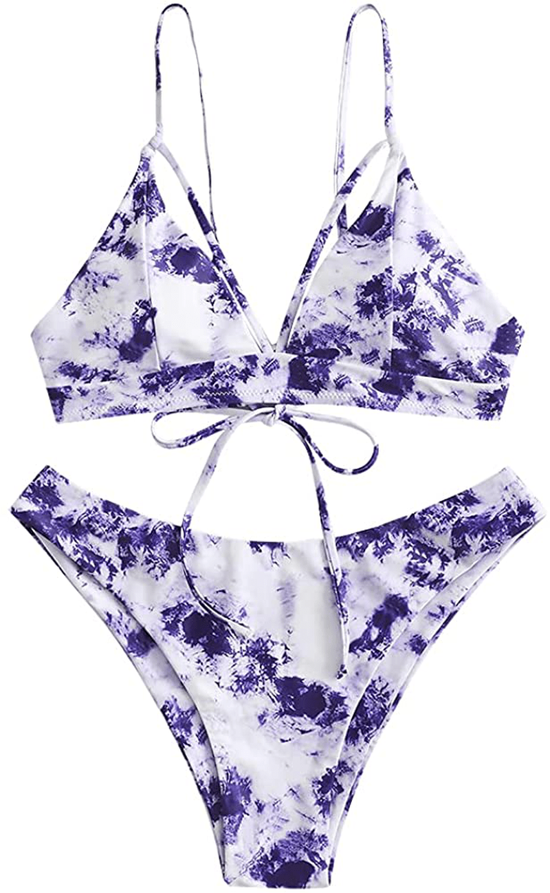 ZAFUL Women's Strappy Lace Up Cut Out High Leg Bikini Set Two Piece Swimsuit Apparel & Accessories > Clothing > Swimwear ZAFUL A-tie Dye4 Small
