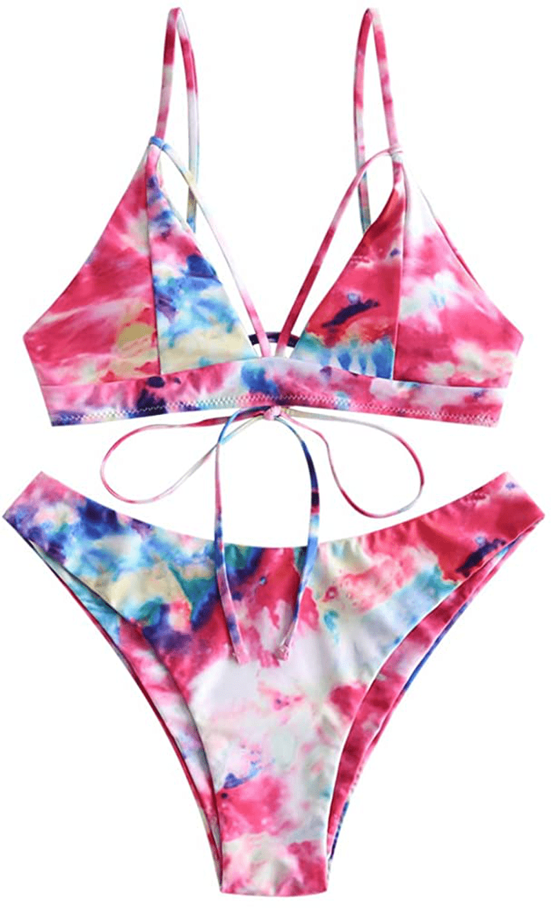 ZAFUL Women's Strappy Lace Up Cut Out High Leg Bikini Set Two Piece Swimsuit Apparel & Accessories > Clothing > Swimwear ZAFUL A-tie Dye2 Medium