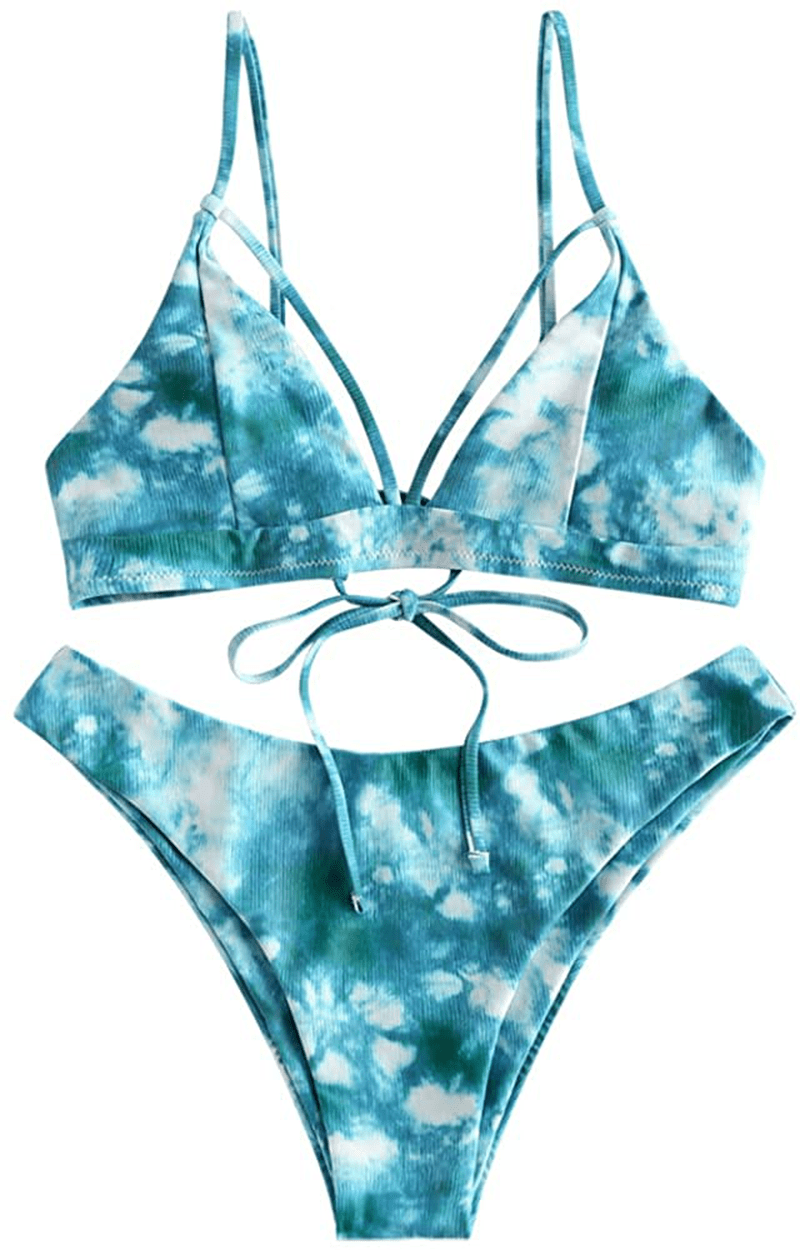 ZAFUL Women's Strappy Lace Up Cut Out High Leg Bikini Set Two Piece Swimsuit Apparel & Accessories > Clothing > Swimwear ZAFUL A-tie Dye3 Small