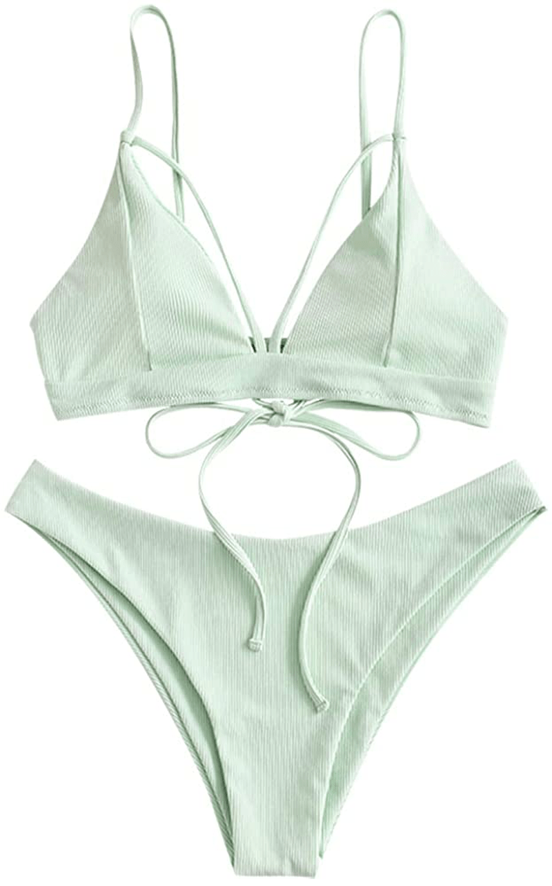 ZAFUL Women's Strappy Lace Up Cut Out High Leg Bikini Set Two Piece Swimsuit Apparel & Accessories > Clothing > Swimwear ZAFUL G-mint Green Large