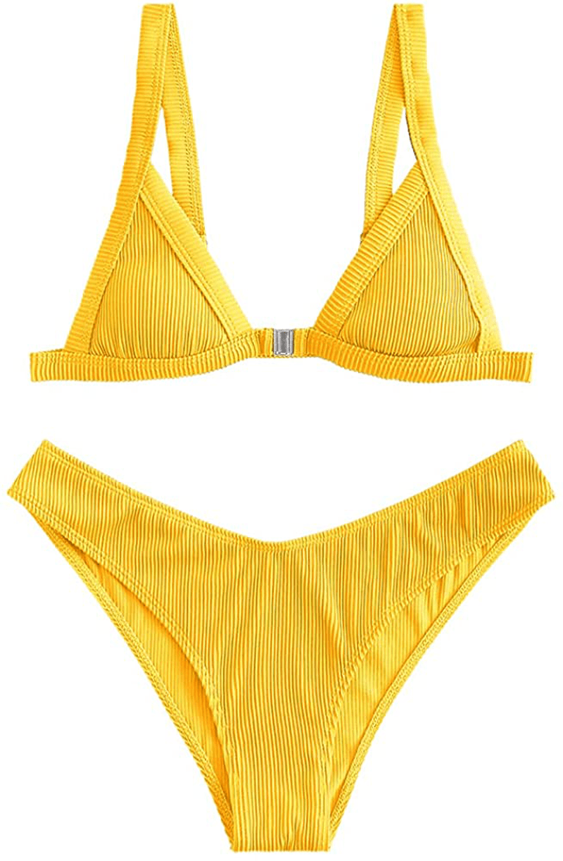 ZAFUL Women's Straps Textured Ribbed Front Closure High Cut Bikini Set Swimsuit Apparel & Accessories > Clothing > Swimwear ZAFUL L-yellow Medium