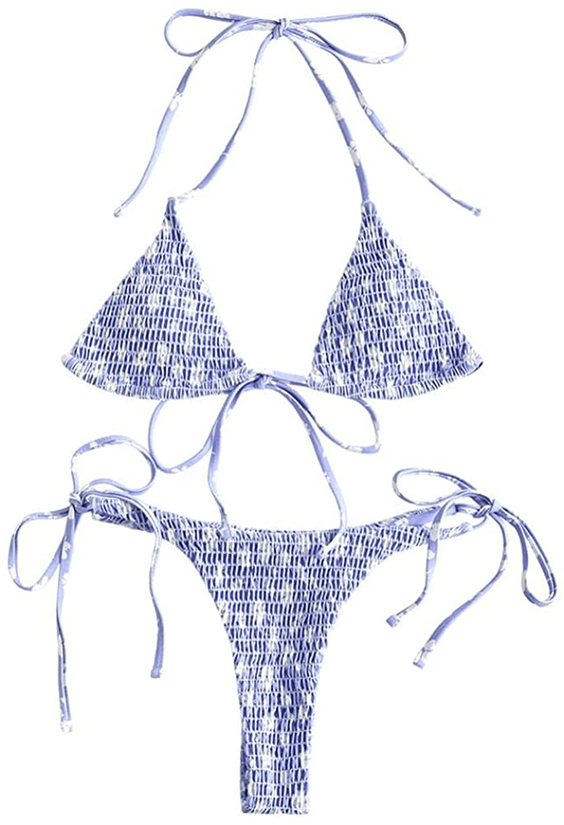 ZAFUL Women's Swimsuit Halter Ribbed Polka Dot Tie Dye String Bathing Suit Bikini Set Apparel & Accessories > Clothing > Swimwear ZAFUL O-blue Large
