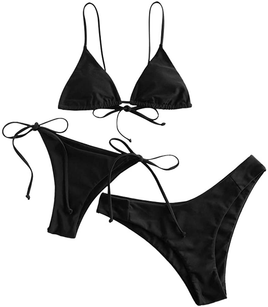 ZAFUL Women's Swimsuit Halter Ribbed Polka Dot Tie Dye String Bathing Suit Bikini Set Apparel & Accessories > Clothing > Swimwear ZAFUL J-black Large