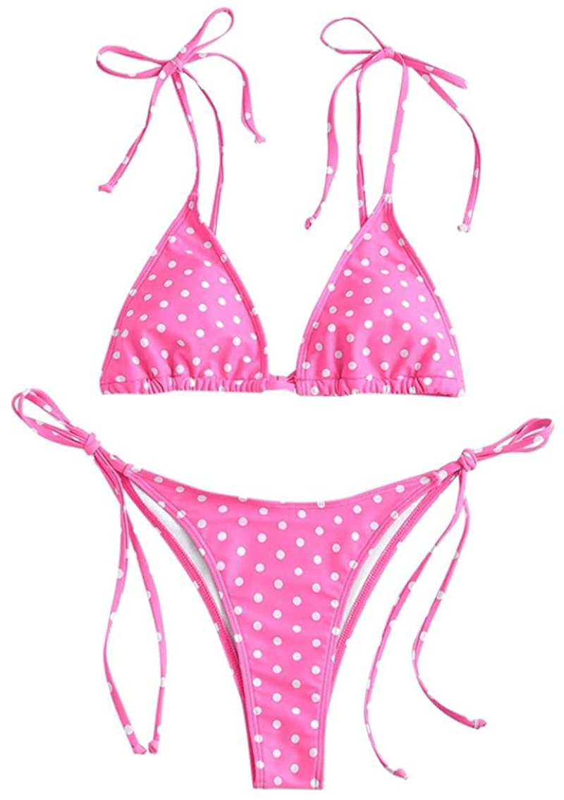 ZAFUL Women's Swimsuit Halter Ribbed Polka Dot Tie Dye String Bathing Suit Bikini Set Apparel & Accessories > Clothing > Swimwear ZAFUL A-hot Pink Small
