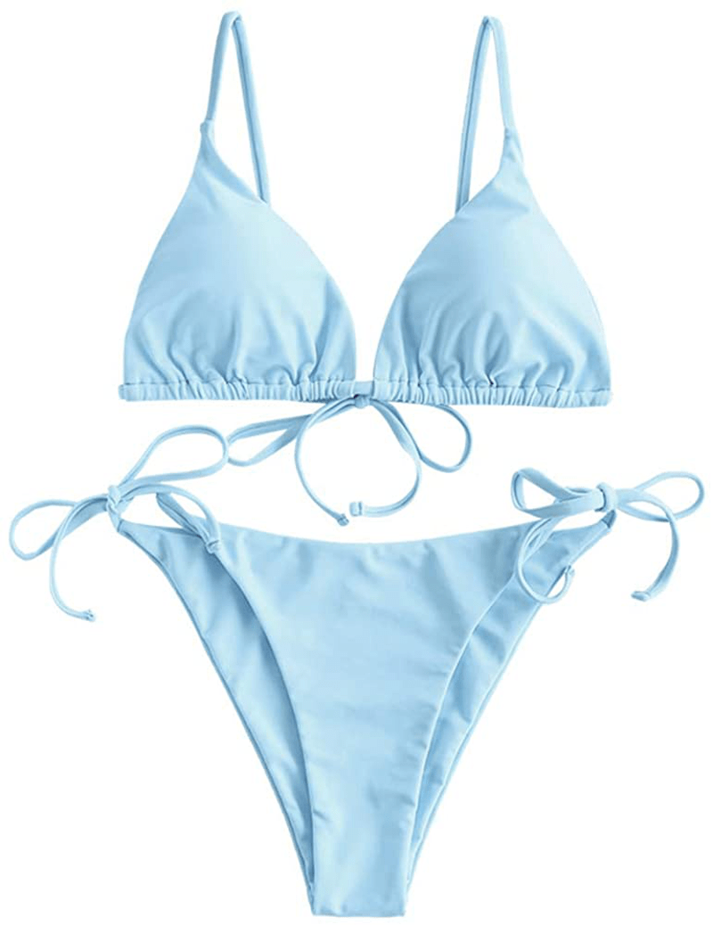 ZAFUL Women's Swimsuit Halter Ribbed Polka Dot Tie Dye String Bathing Suit Bikini Set Apparel & Accessories > Clothing > Swimwear ZAFUL K-light Blue Small