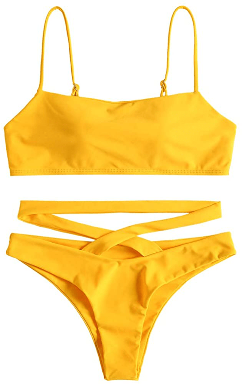 ZAFUL Women's Swimsuit Halter Ribbed Polka Dot Tie Dye String Bathing Suit Bikini Set Apparel & Accessories > Clothing > Swimwear ZAFUL Bottom Wrap-ducky Yellow Medium