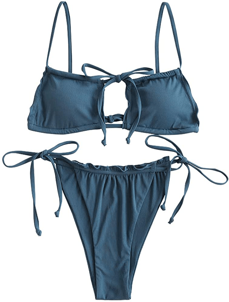 ZAFUL Women's Tie Cutout Keyhole Cami String Bikini Set Two Piece Swimsuit Apparel & Accessories > Clothing > Swimwear ZAFUL A-blue Small