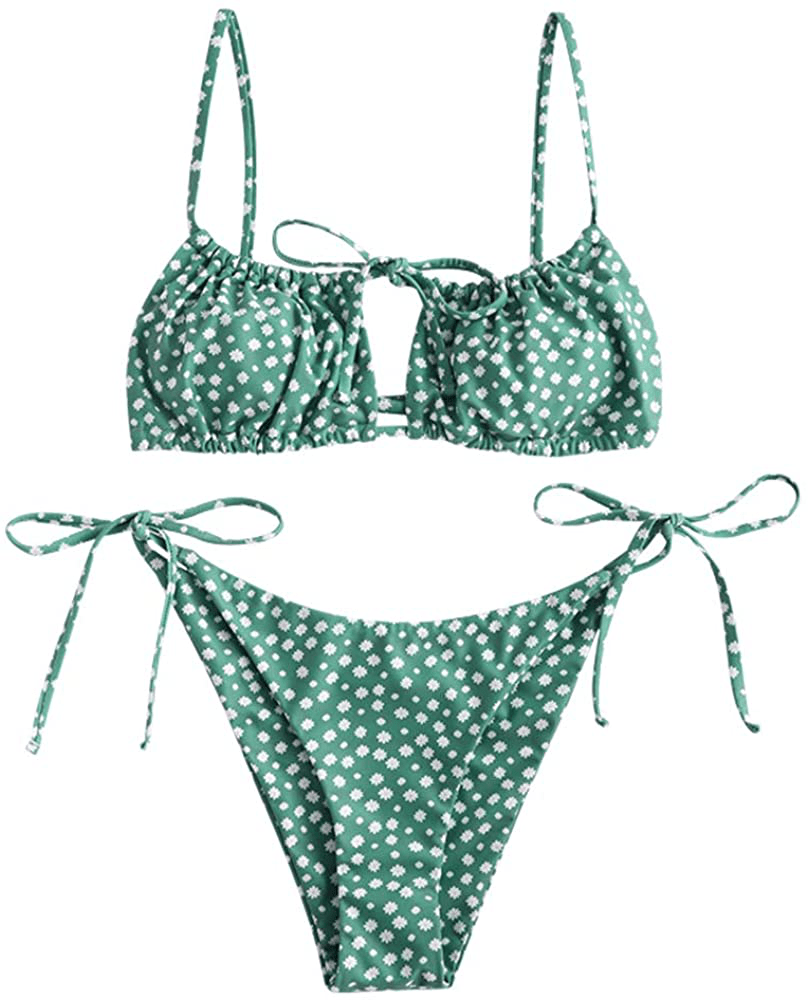 ZAFUL Women's Tie Cutout Keyhole Cami String Bikini Set Two Piece Swimsuit Apparel & Accessories > Clothing > Swimwear ZAFUL Floral-green Medium