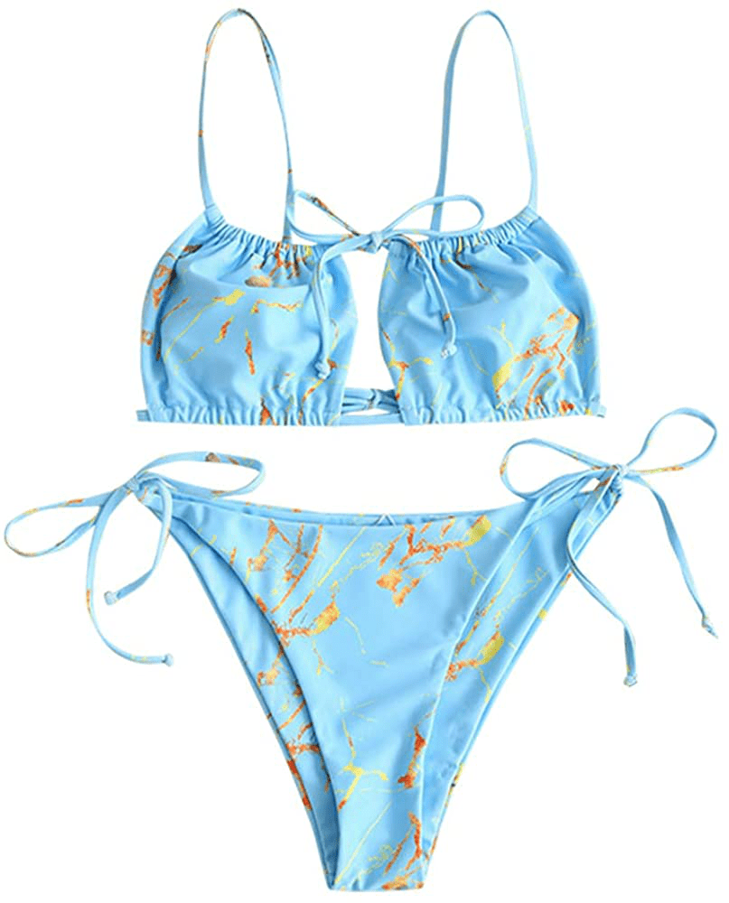 ZAFUL Women's Tie Cutout Keyhole Cami String Bikini Set Two Piece Swimsuit Apparel & Accessories > Clothing > Swimwear ZAFUL Marble-light Blue Small