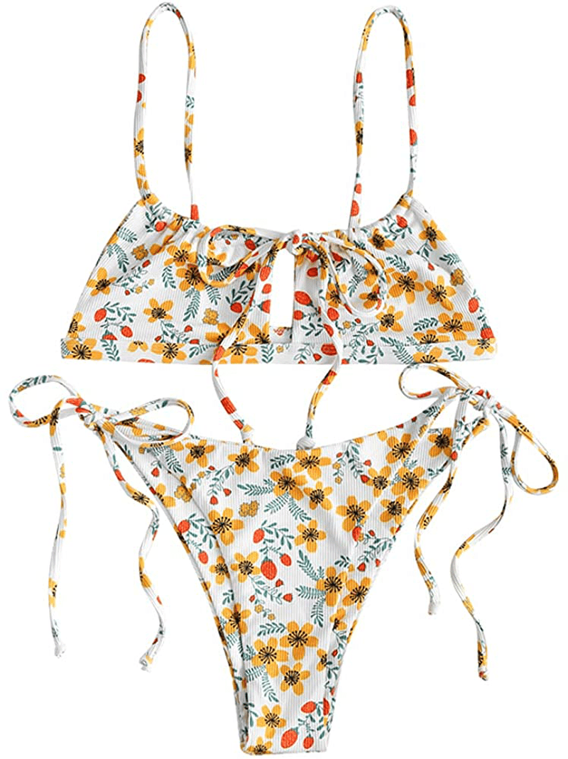 ZAFUL Women's Tie Cutout Keyhole Cami String Bikini Set Two Piece Swimsuit Apparel & Accessories > Clothing > Swimwear ZAFUL C-white Medium