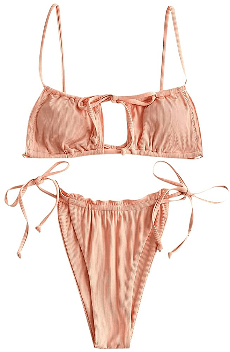ZAFUL Women's Tie Cutout Keyhole Cami String Bikini Set Two Piece Swimsuit Apparel & Accessories > Clothing > Swimwear ZAFUL A-light Orange Small