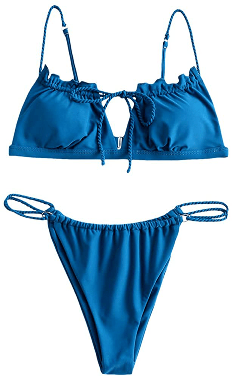 ZAFUL Women's Tie Cutout Keyhole Cami String Bikini Set Two Piece Swimsuit Apparel & Accessories > Clothing > Swimwear ZAFUL Solid-ocean Blue Small