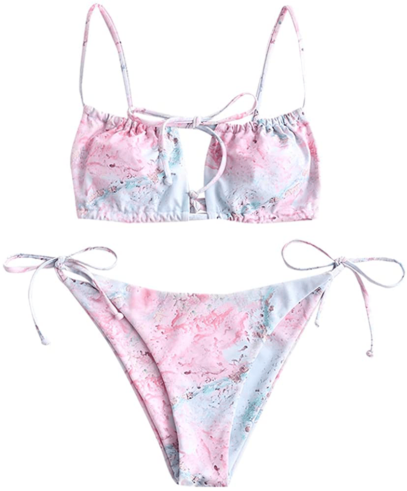 ZAFUL Women's Tie Cutout Keyhole Cami String Bikini Set Two Piece Swimsuit Apparel & Accessories > Clothing > Swimwear ZAFUL Marble-pink Large